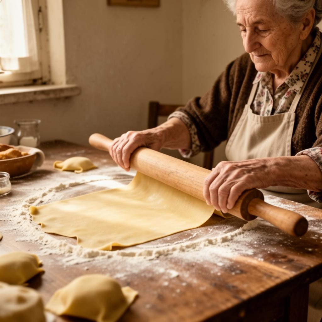 Donna che stende la sfoglia di pasta fresca al mattarello in cucina tradizionale romagnola